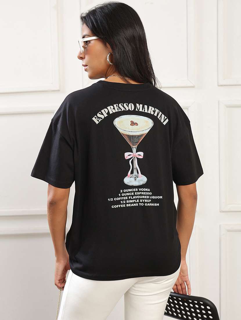 globus women black round neck drop shoulder sleeves graphic back print oversized t-shirt - 22141476 -  Standard Image - 2