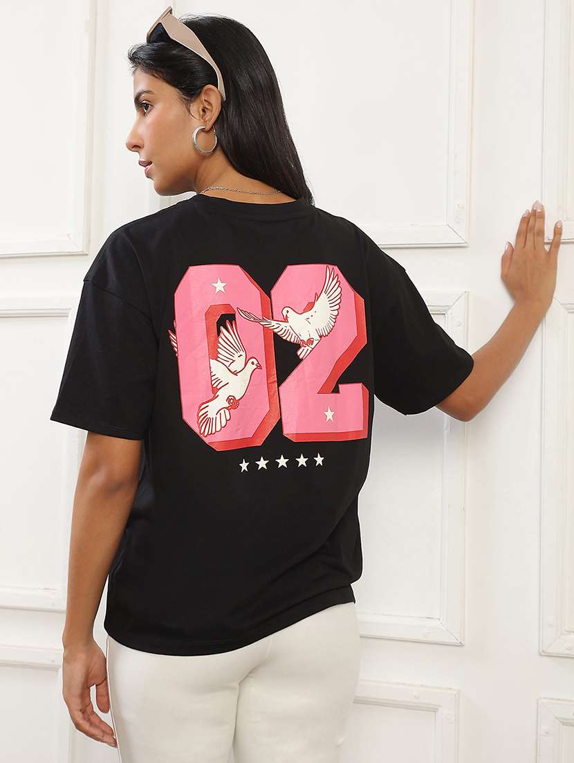 globus women black round neck drop shoulder sleeves graphic back print oversized t-shirt - 22141477 -  Standard Image - 2