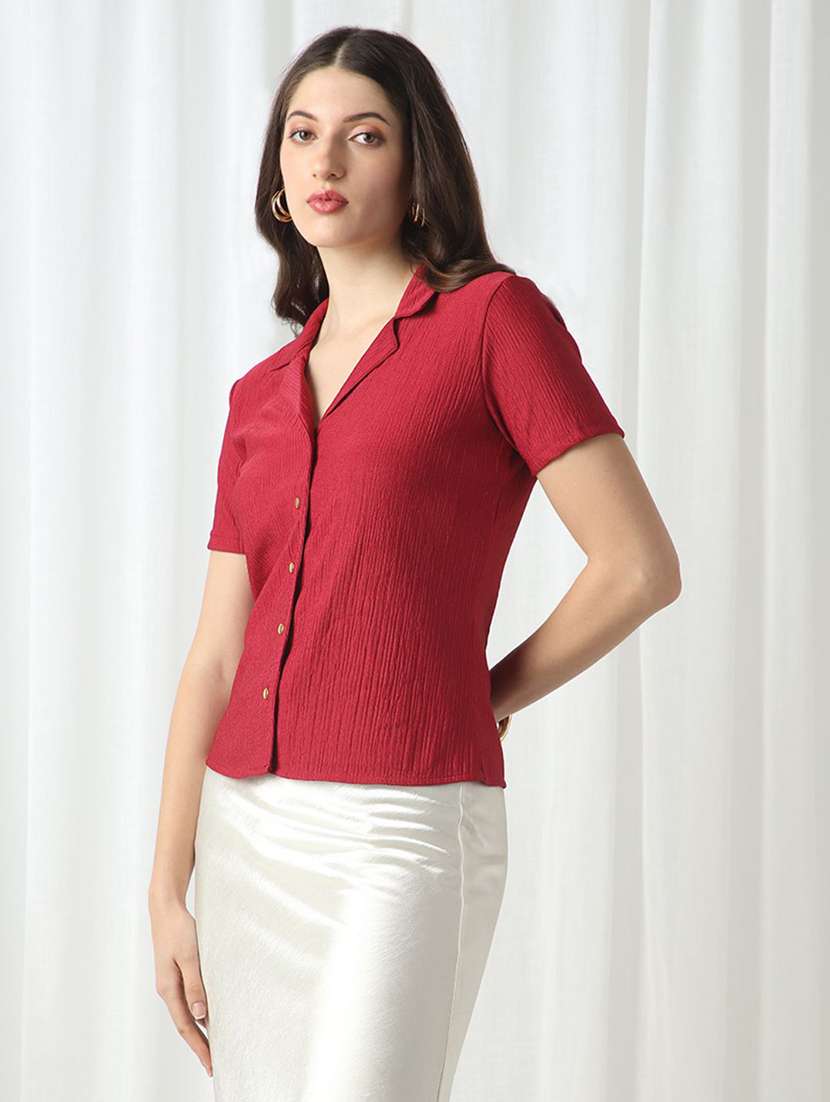 globus women maroon cuban collar short sleeves self design slim fit workwear top