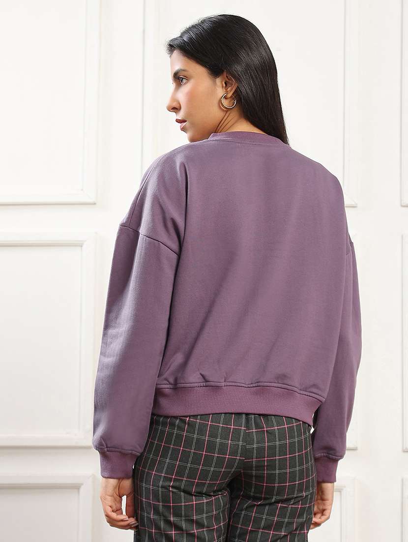 globus women mauve graphic print drop shoulder sleeves round neck ribbed hem pullover sweatshirt (fleece 260-280 gsm) - 22141482 -  Standard Image - 2