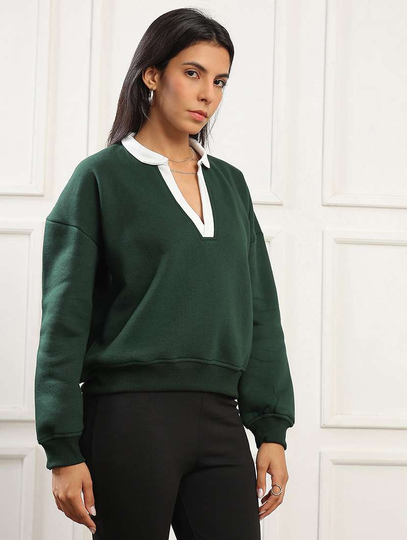 globus women green contrast color shirt collar drop shoulder sleeves ribbed hem pullover sweatshirt (fleece 260-280 gsm) - 22141484 -  Standard Image - 2