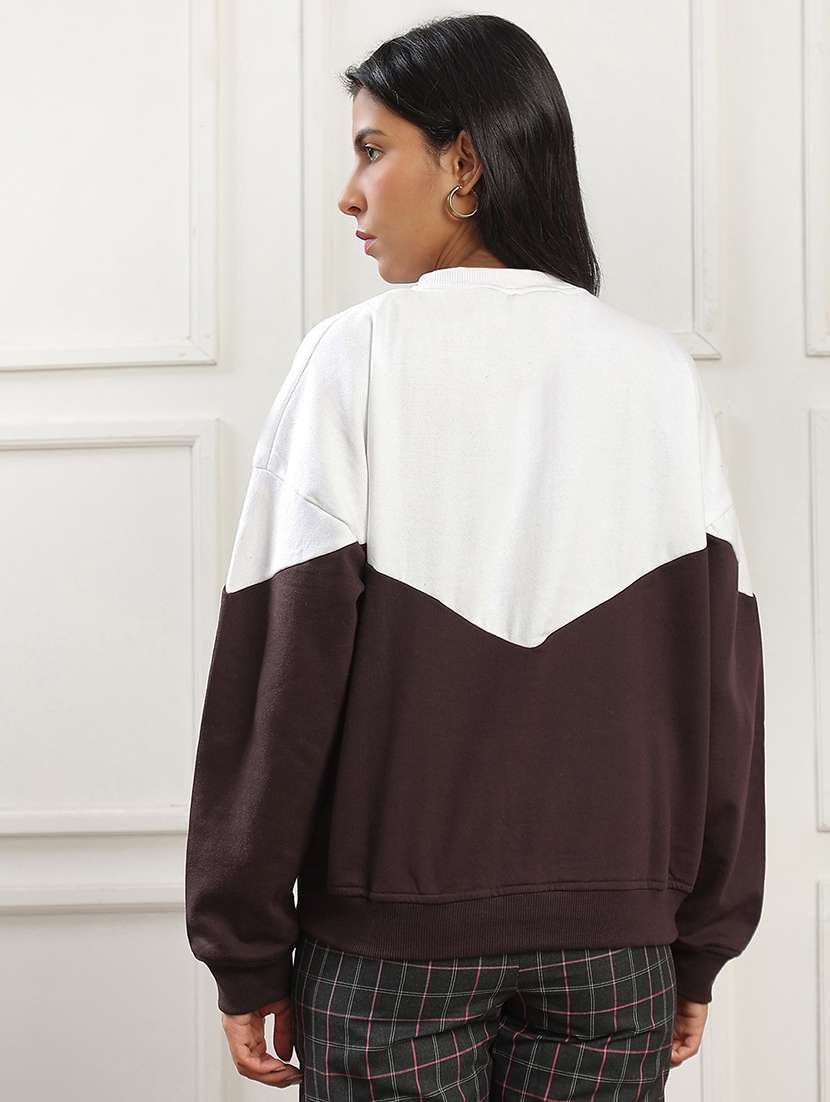 globus women brown colorblock & typography print round neck drop shoulder sleeves ribbed hem oversized pullover sweatshirt  - 22141488 -  Standard Image - 2