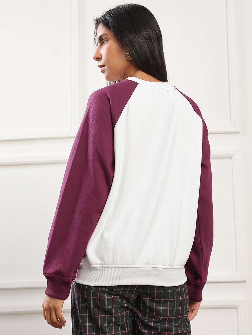 globus women purple colorblock round neck raglan sleeves ribbed hem pullover sweatshirt (fleece 260-280 gsm) - 22141490 -  Standard Image - 2