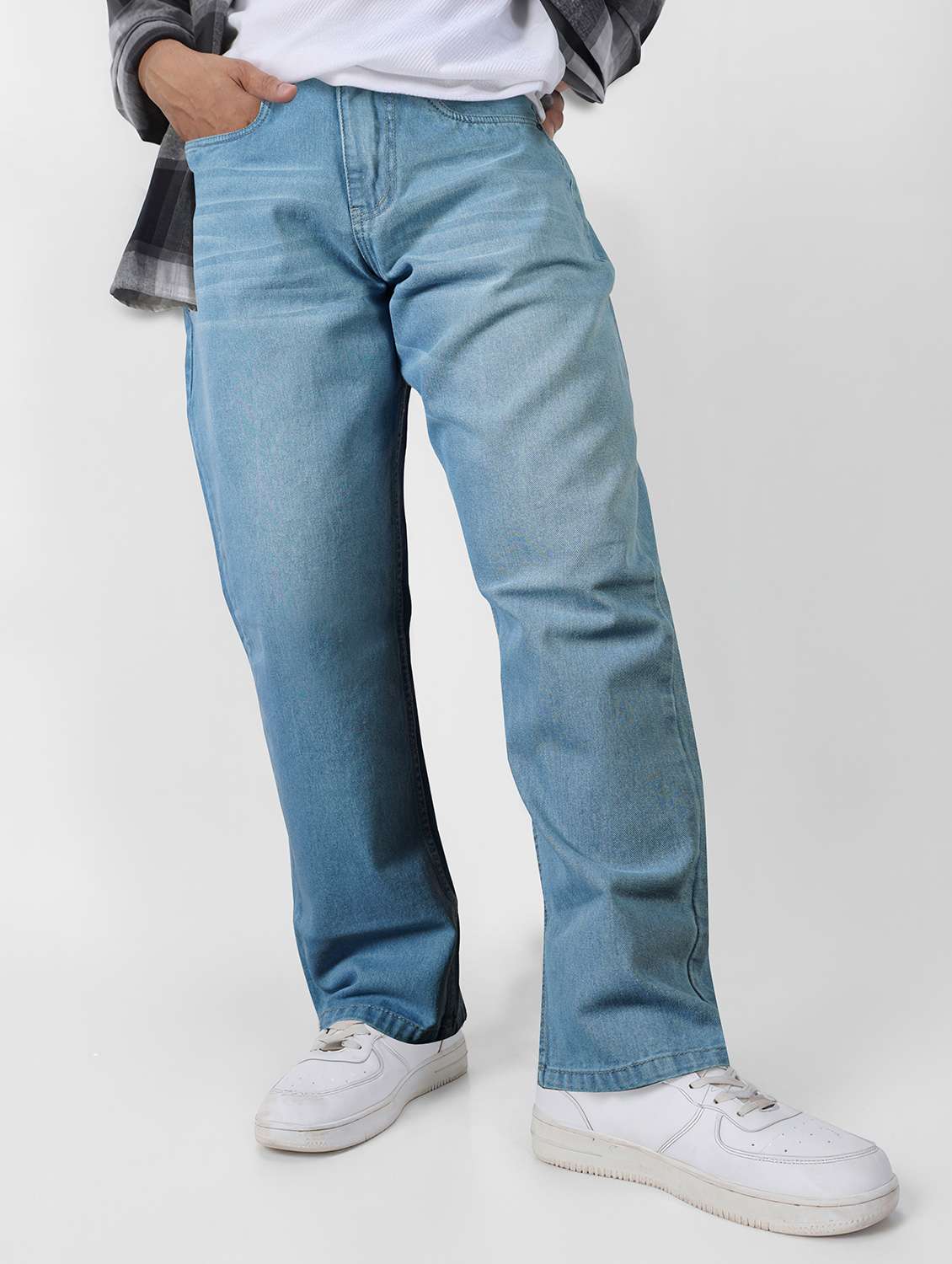 men washed mid rise full length jean
