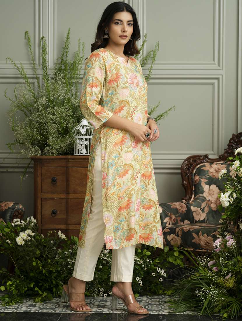 women floral three quarter sleeve straight kurta - 22141607 -  Standard Image - 2