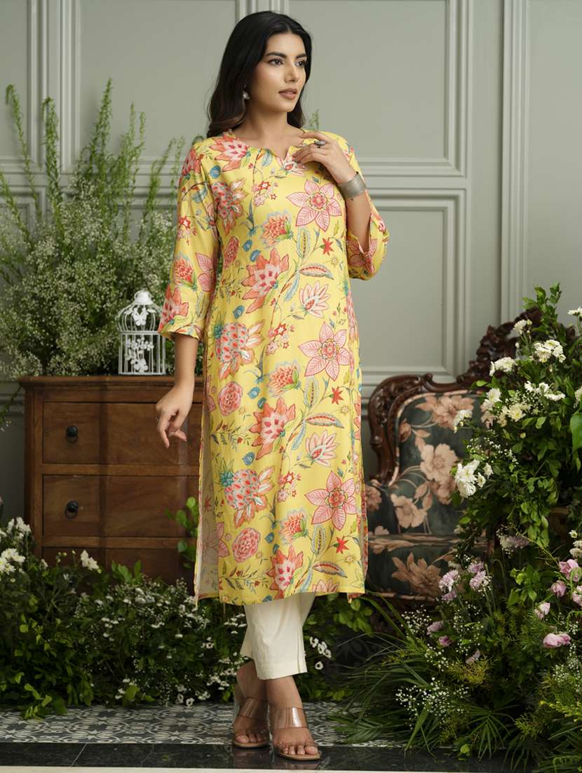 women floral three quarter sleeve straight kurta - 22141608 - Standard Image - 2