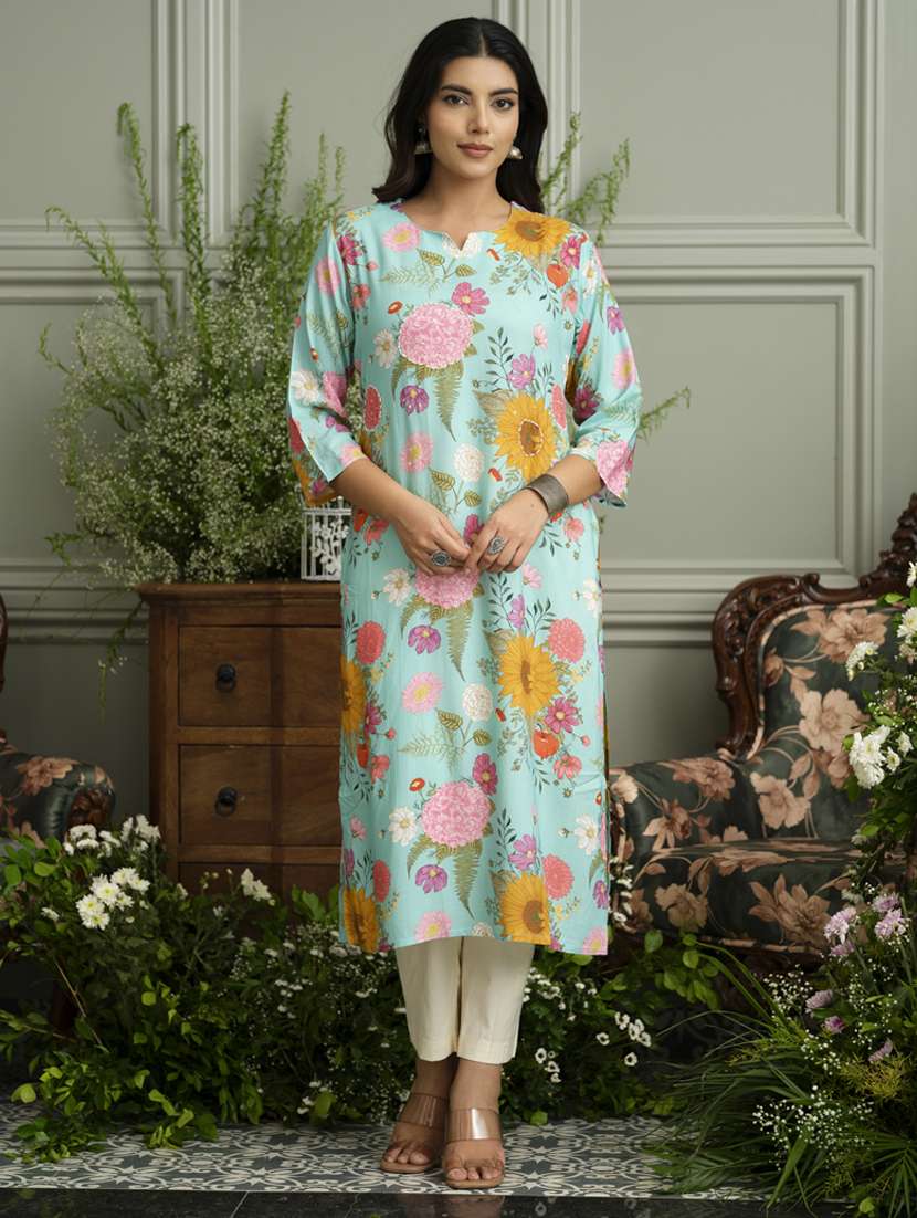 women floral three quarter sleeve straight kurta - 22141609 -  Standard Image - 2