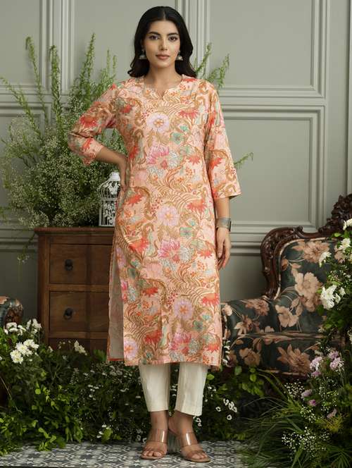 women floral three quarter sleeve straight kurta - 22141610 -  Standard Image - 0