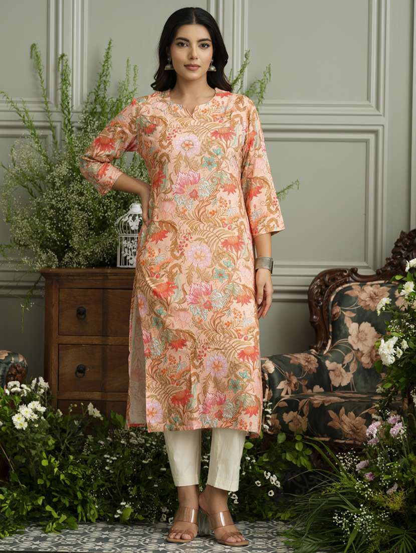 women floral three quarter sleeve straight kurta