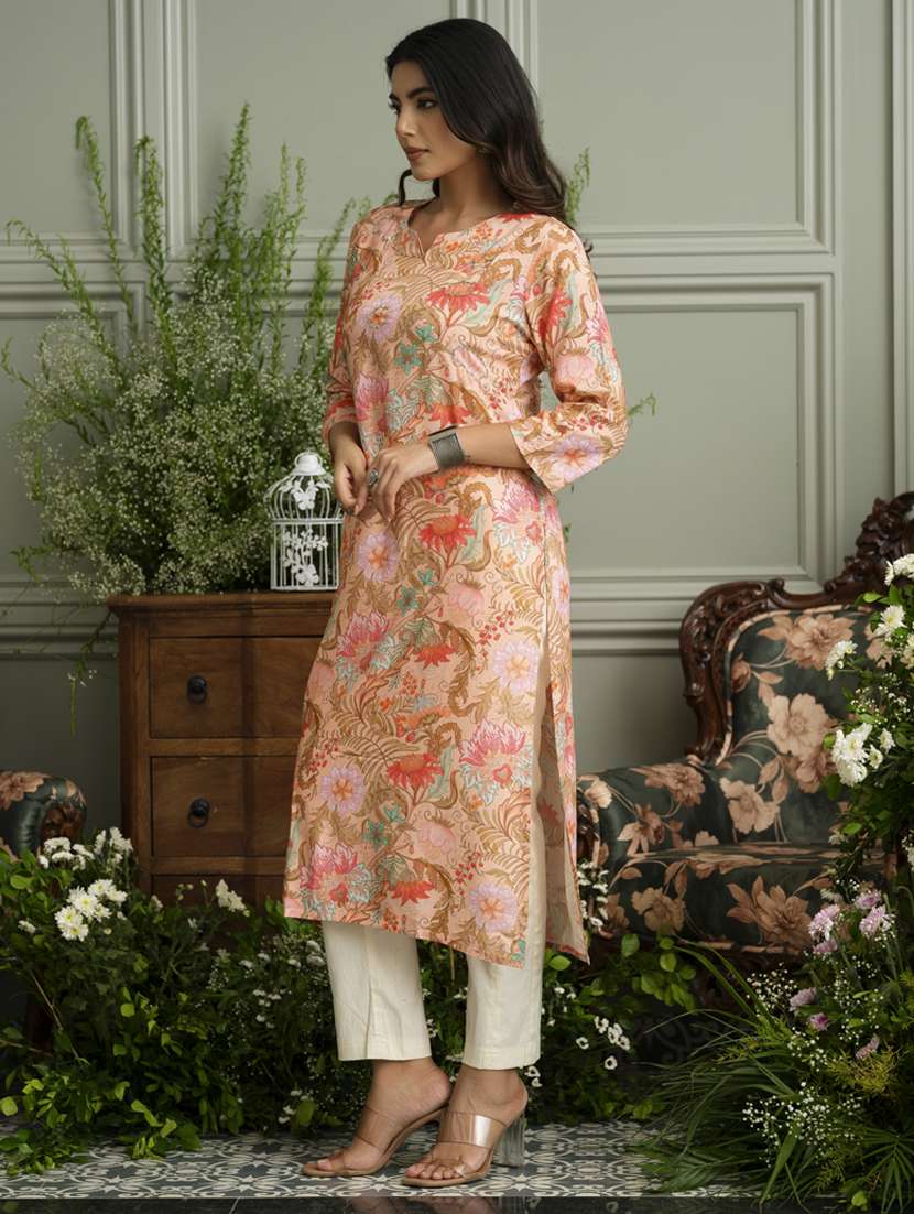 women floral three quarter sleeve straight kurta - 22141610 -  Standard Image - 2