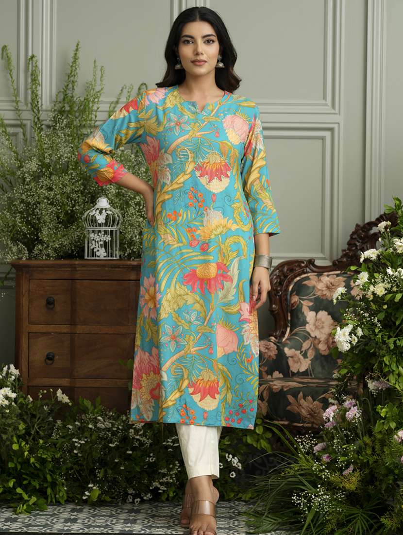 women floral three quarter sleeve straight kurta