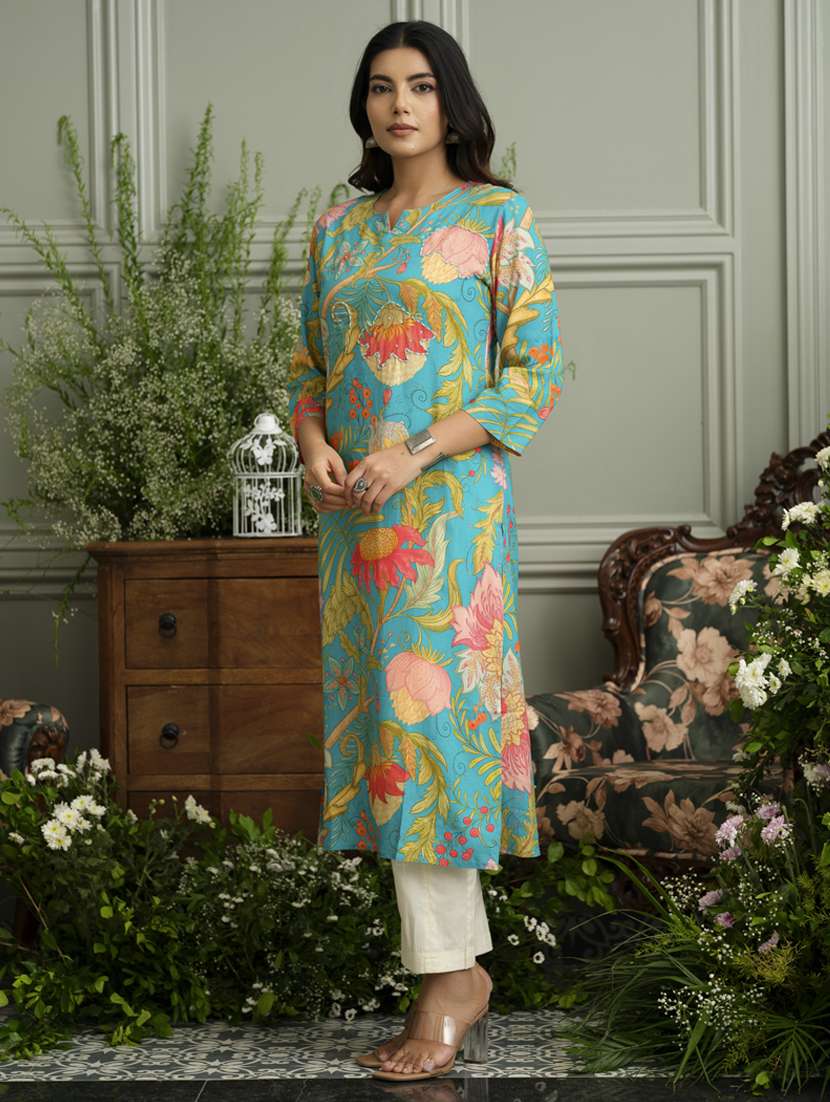 women floral three quarter sleeve straight kurta - 22141611 - Standard Image - 2