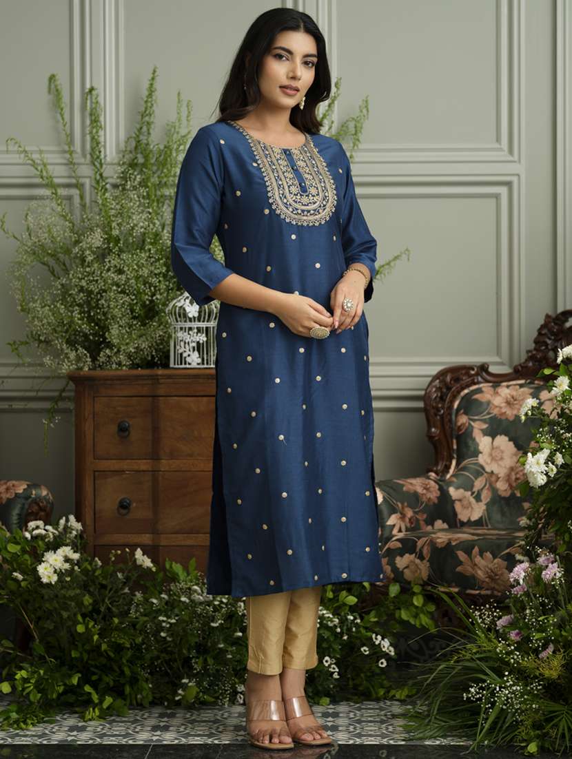 women solid with work three quarter sleeve straight kurta - 22141612 - Standard Image - 2