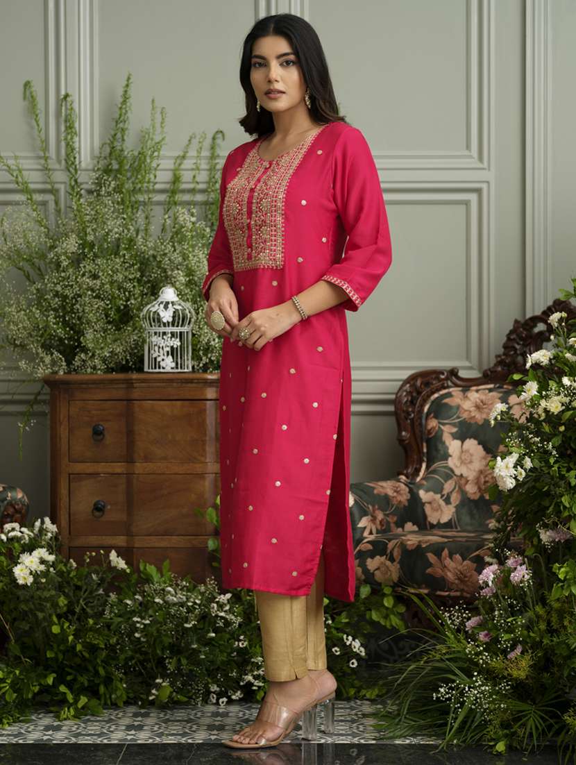 women solid with work three quarter sleeve straight kurta - 22141613 - Standard Image - 2