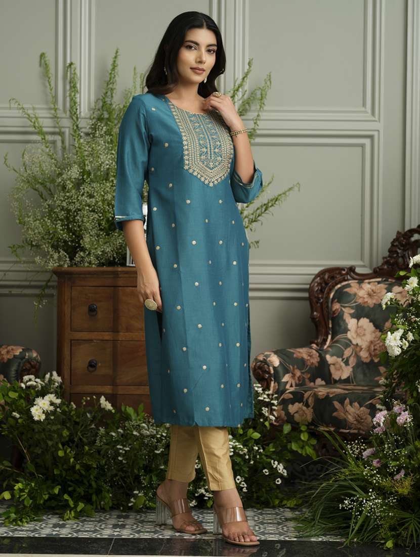 women solid with work three quarter sleeve straight kurta - 22141614 - Standard Image - 2