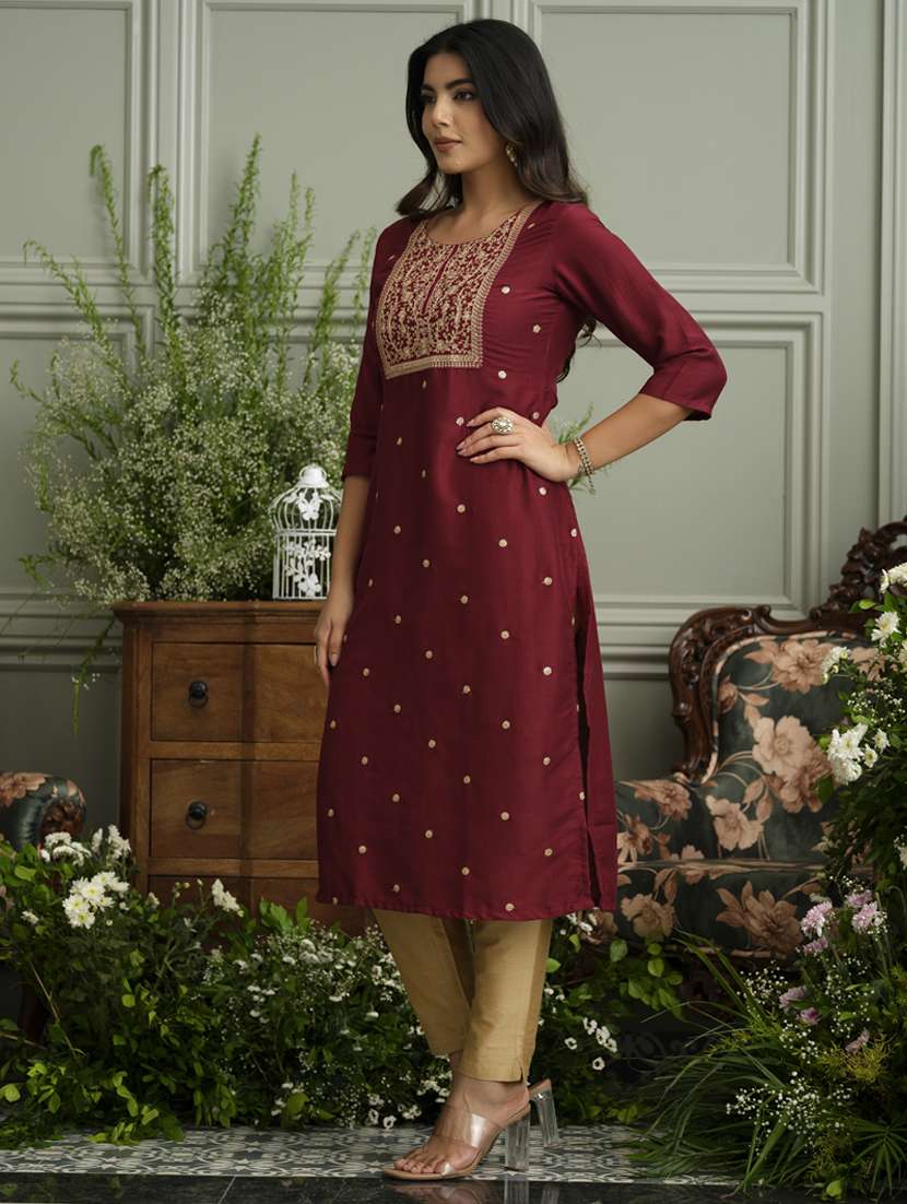 women solid with work three quarter sleeve straight kurta - 22141615 -  Standard Image - 2