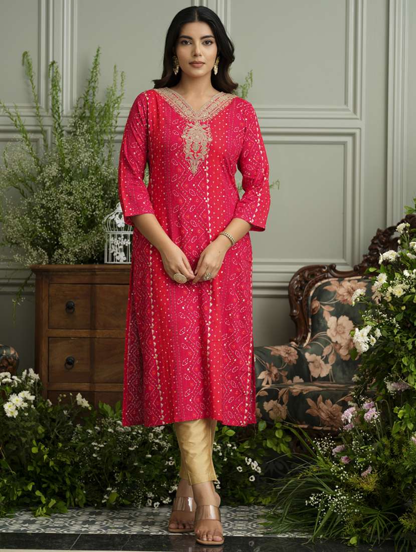 women bandhani three quarter sleeve straight kurta