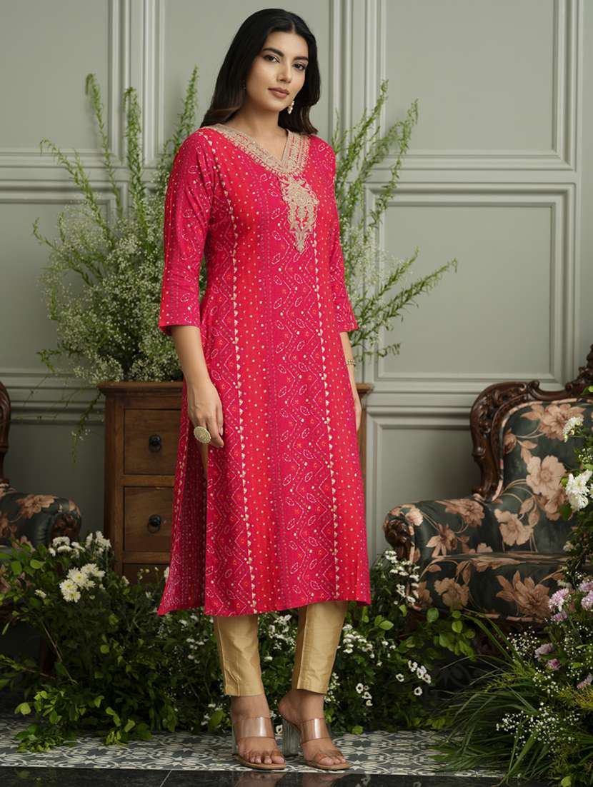women bandhani three quarter sleeve straight kurta - 22141617 - Standard Image - 2