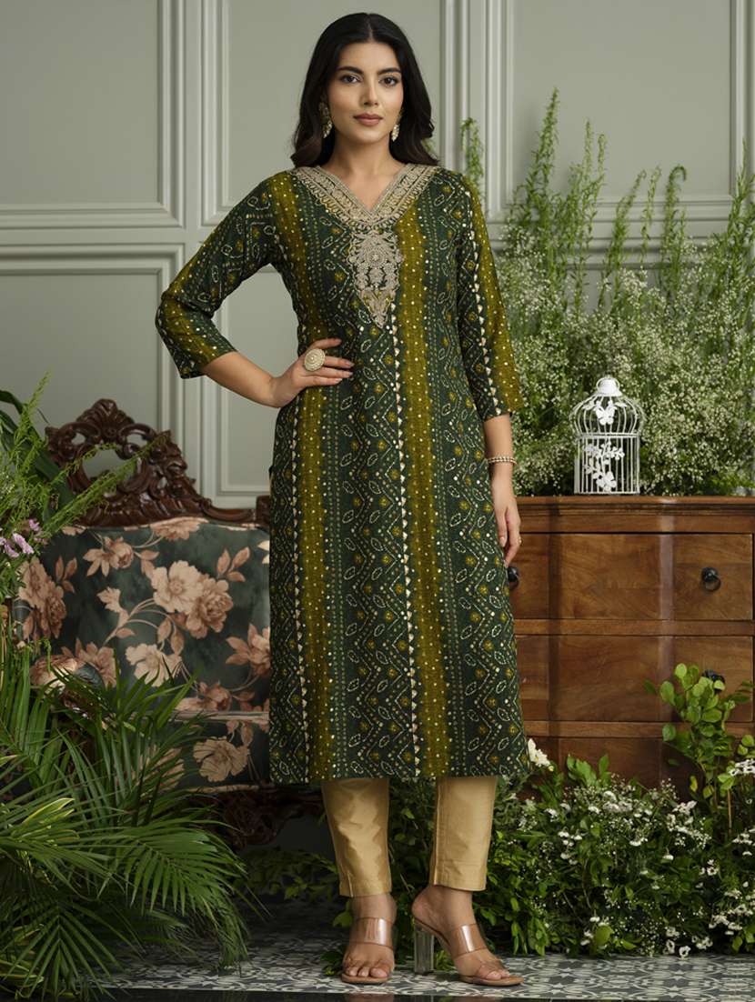 women bandhani three quarter sleeve straight kurta