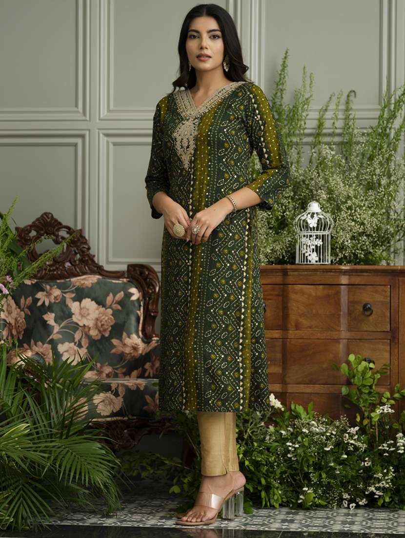 women bandhani three quarter sleeve straight kurta - 22141618 -  Standard Image - 2