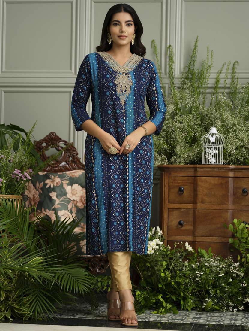 women bandhani three quarter sleeve straight kurta