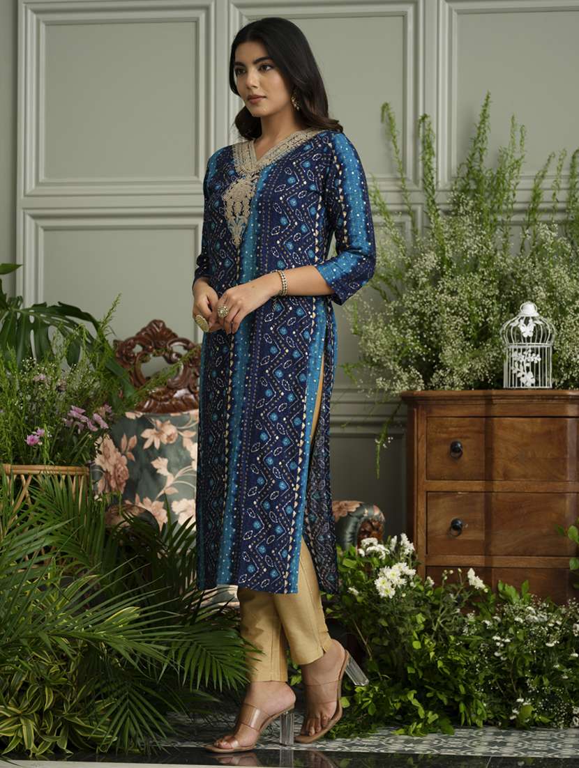 women bandhani three quarter sleeve straight kurta - 22141619 - Standard Image - 2