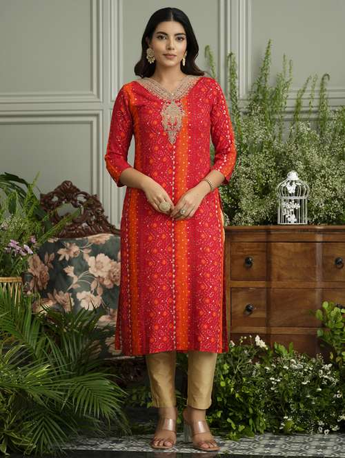 women bandhani three quarter sleeve straight kurta - 22141620 -  Standard Image - 0