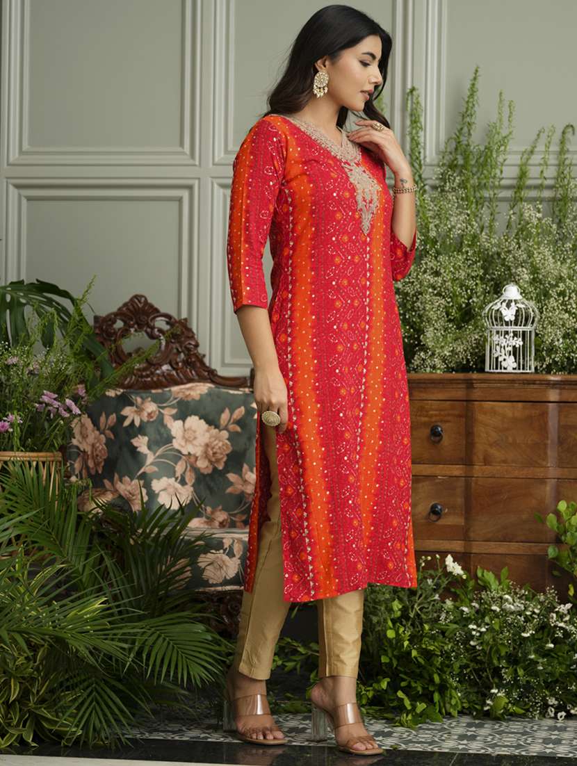 women bandhani three quarter sleeve straight kurta - 22141620 -  Standard Image - 2