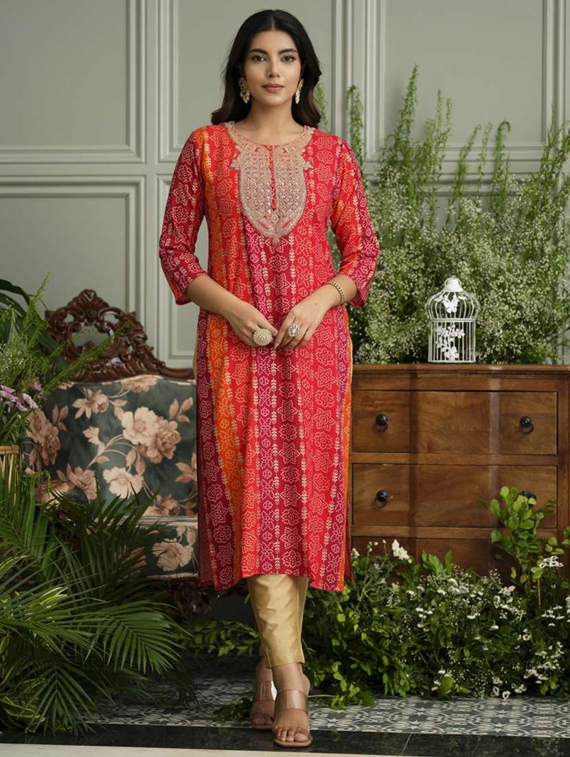 women bandhani three quarter sleeve straight kurta