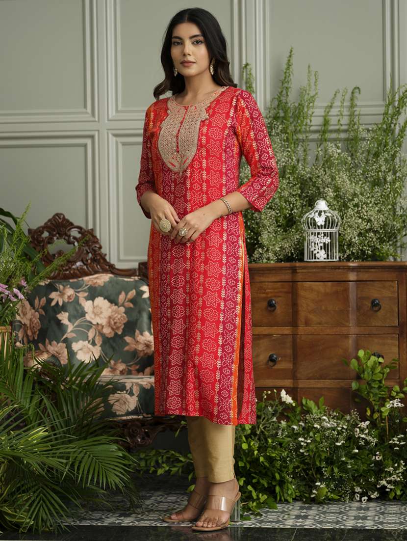 women bandhani three quarter sleeve straight kurta - 22141621 -  Standard Image - 2