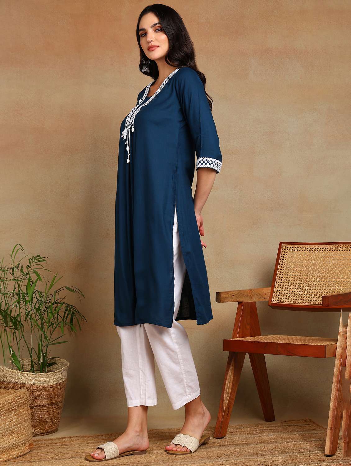 women solid with work three quarter sleeve a-line kurta - 22141622 - Standard Image - 2