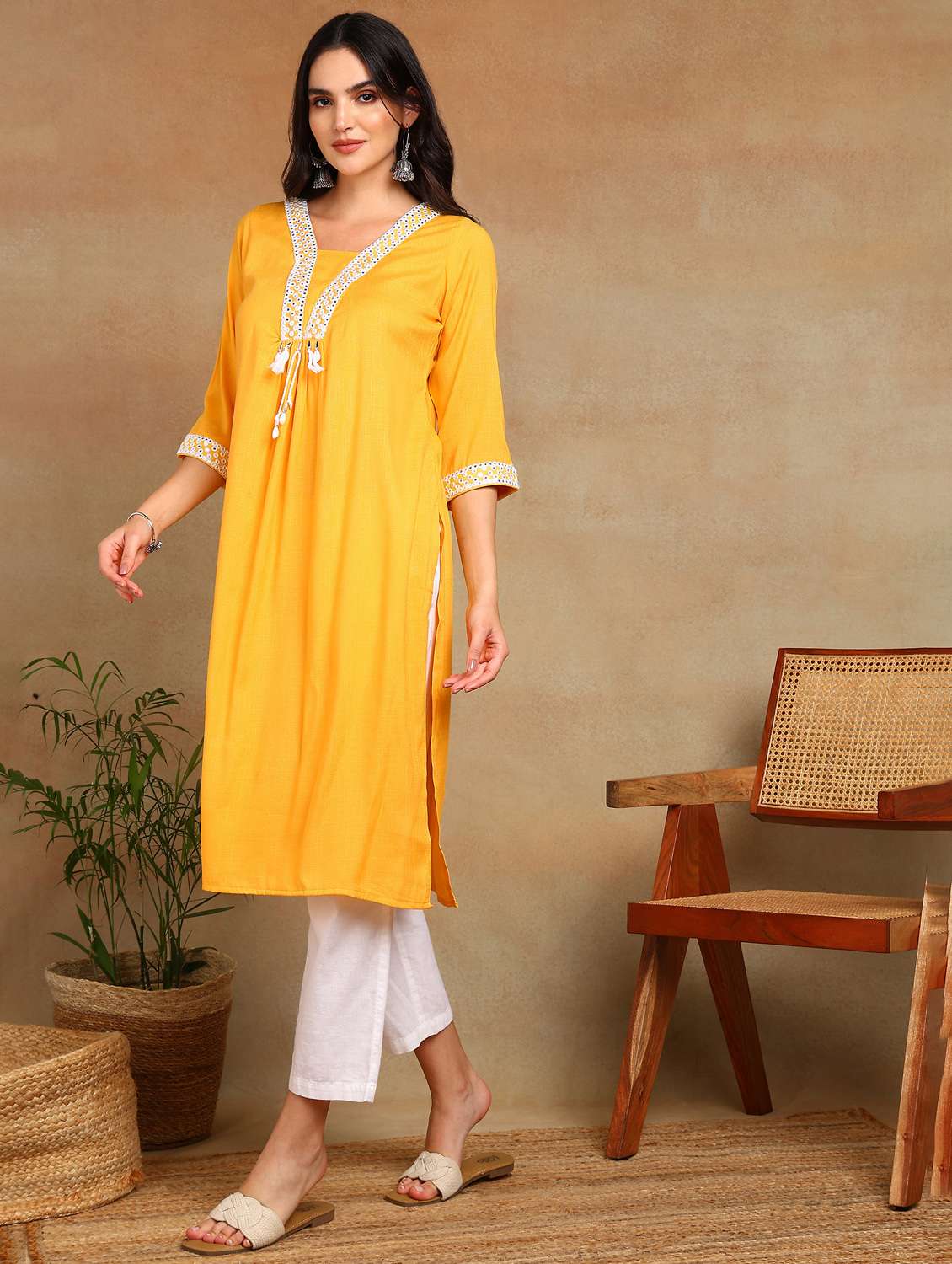 women solid with work three quarter sleeve a-line kurta - 22141623 -  Standard Image - 2