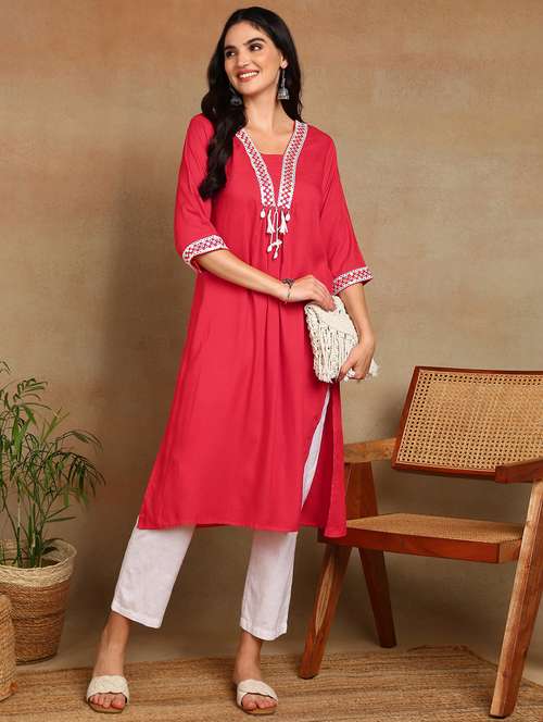 women solid with work three quarter sleeve a-line kurta - 22141624 - Standard Image - 0