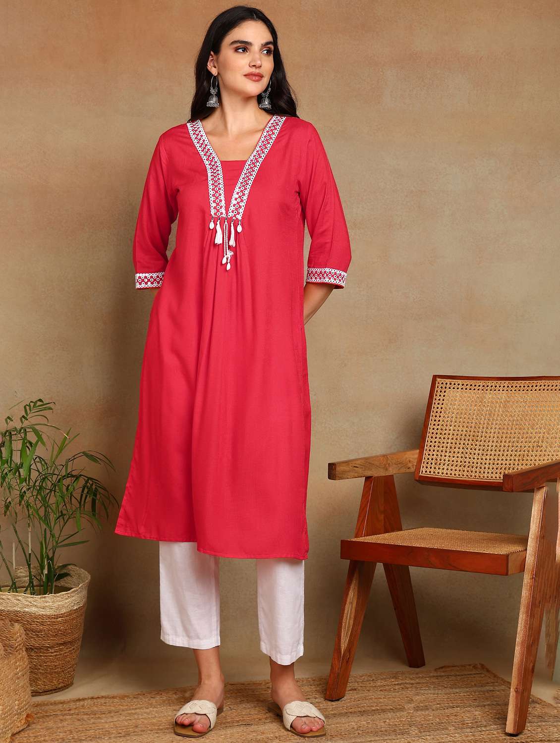 women solid with work three quarter sleeve a-line kurta - 22141624 - Standard Image - 2