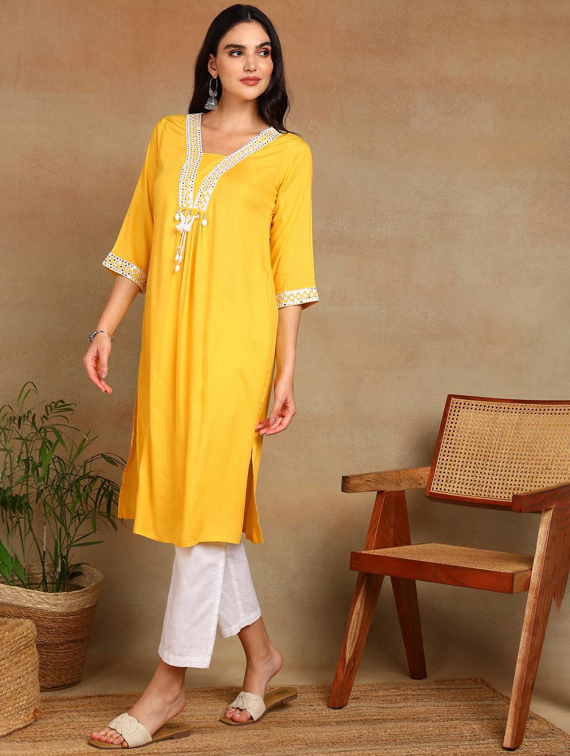 women solid with work three quarter sleeve a-line kurta - 22141625 -  Standard Image - 2