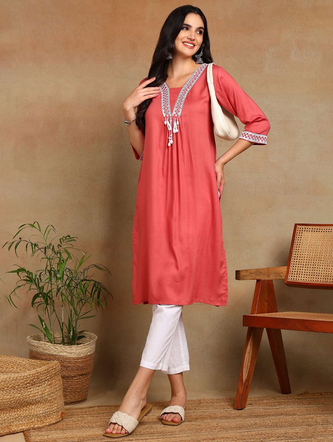 women solid with work three quarter sleeve a-line kurta - 22141627 -  Standard Image - 2