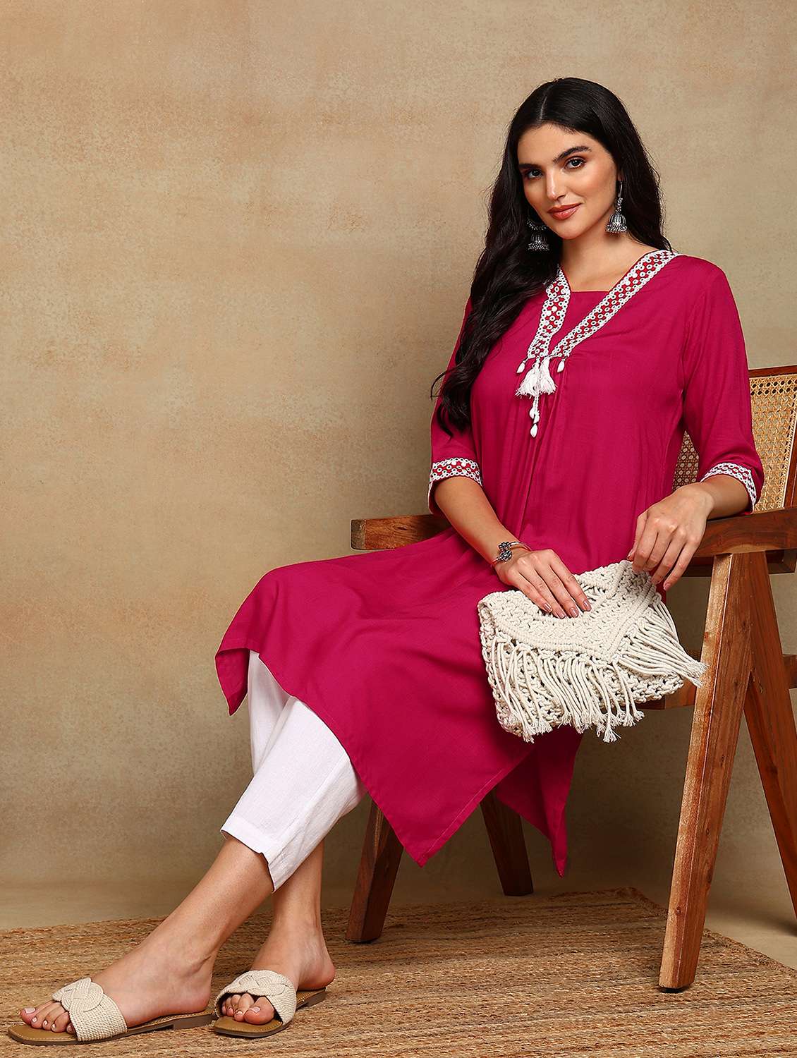 women solid with work three quarter sleeve a-line kurta - 22141629 -  Standard Image - 2