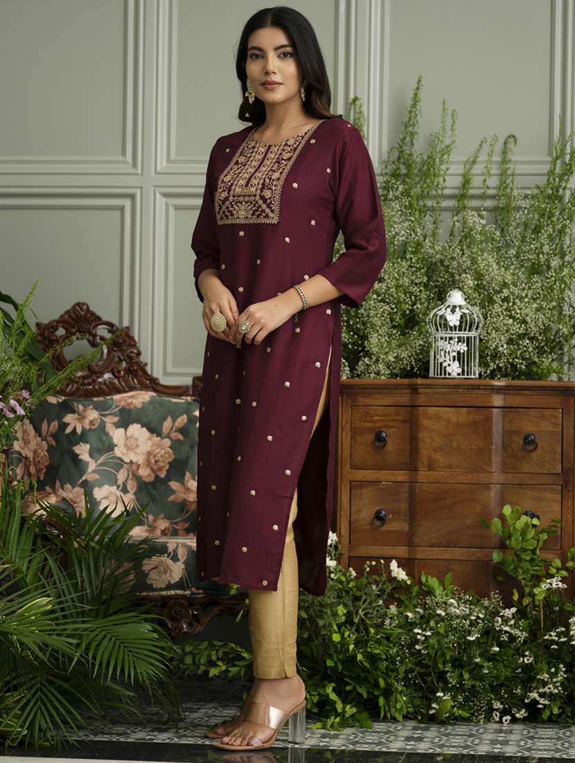 women solid with work three quarter sleeve straight kurta - 22141630 - Standard Image - 2
