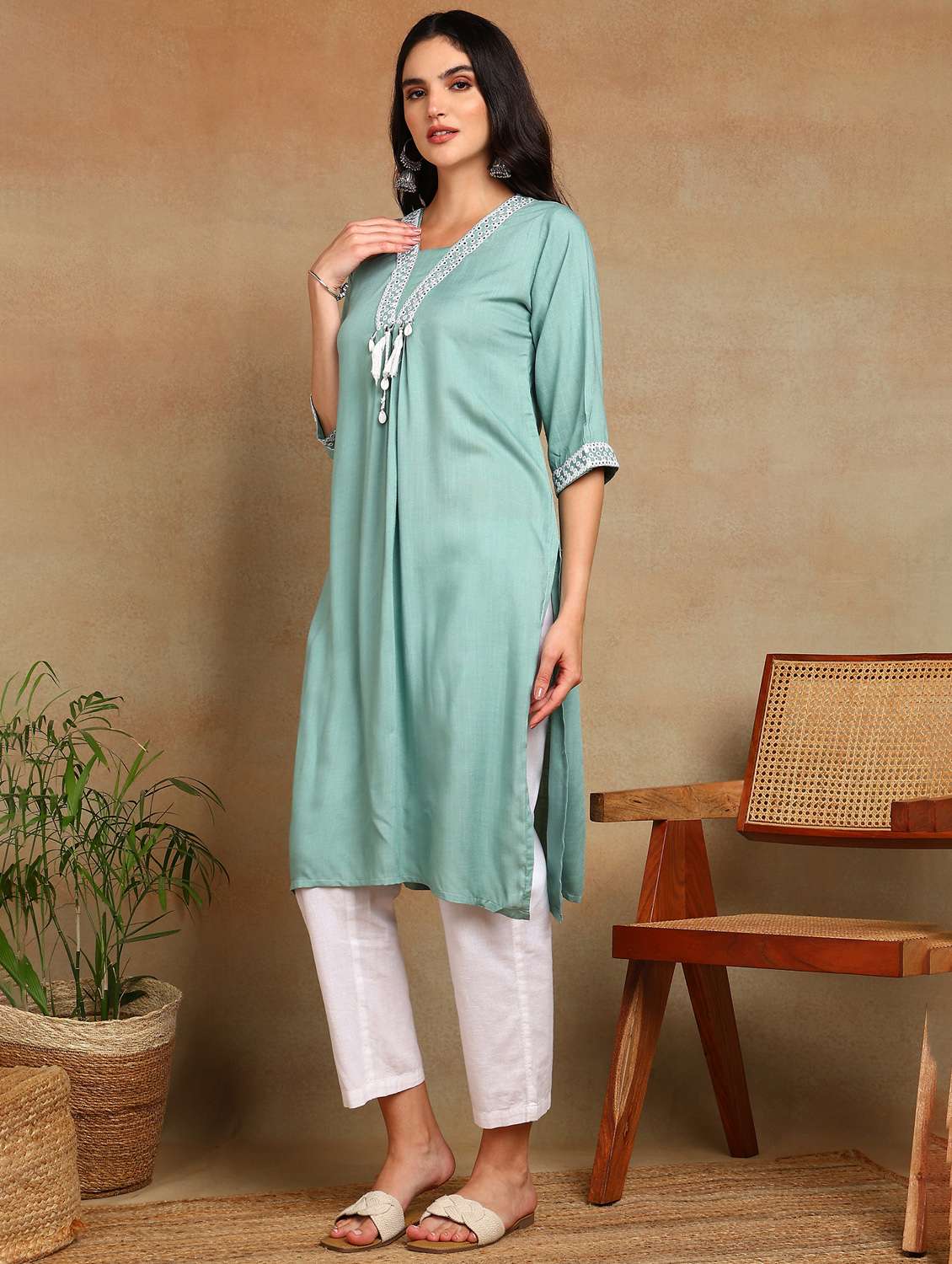 women solid with work three quarter sleeve a-line kurta - 22141631 -  Standard Image - 2
