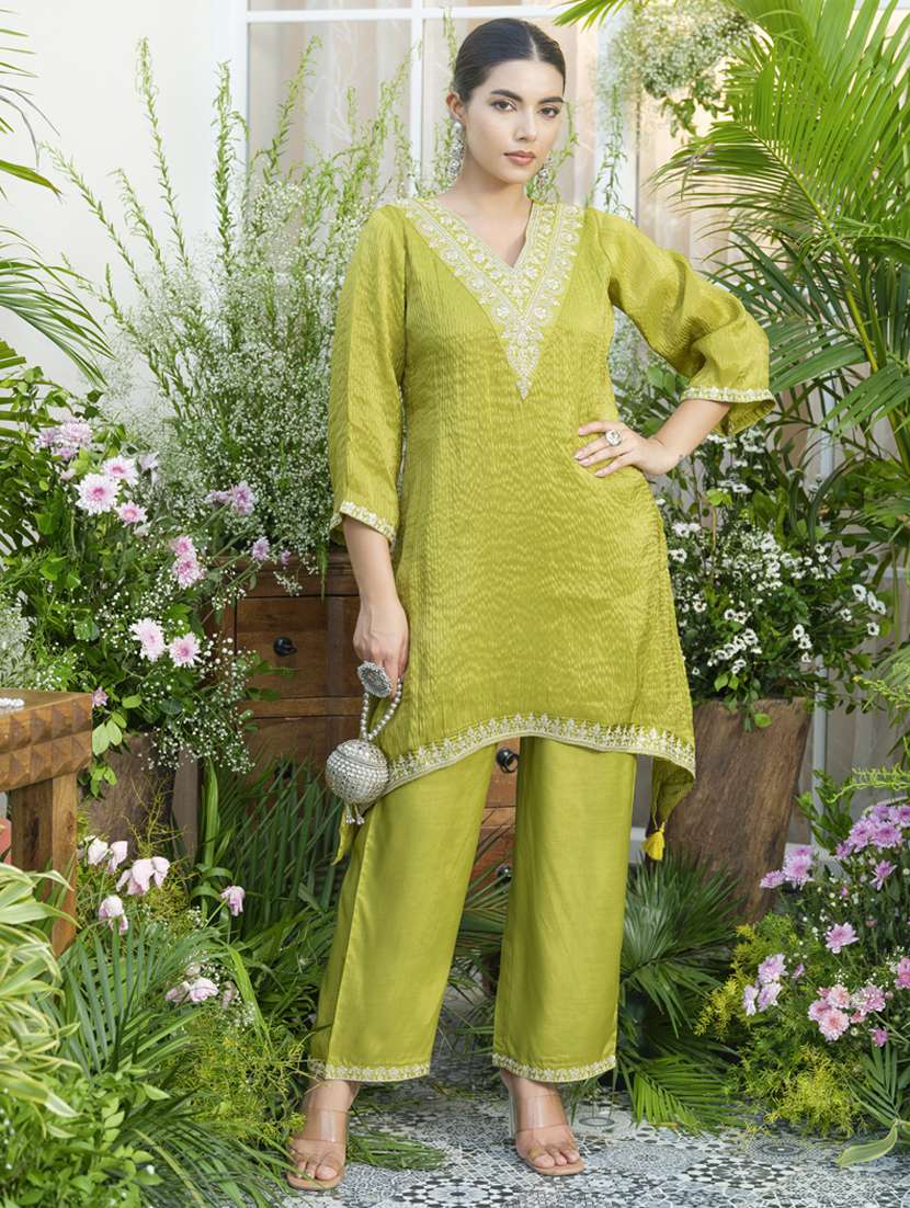 women embroidered three quarter sleeve ethnic co-ord set - 22141633 - Standard Image - 2