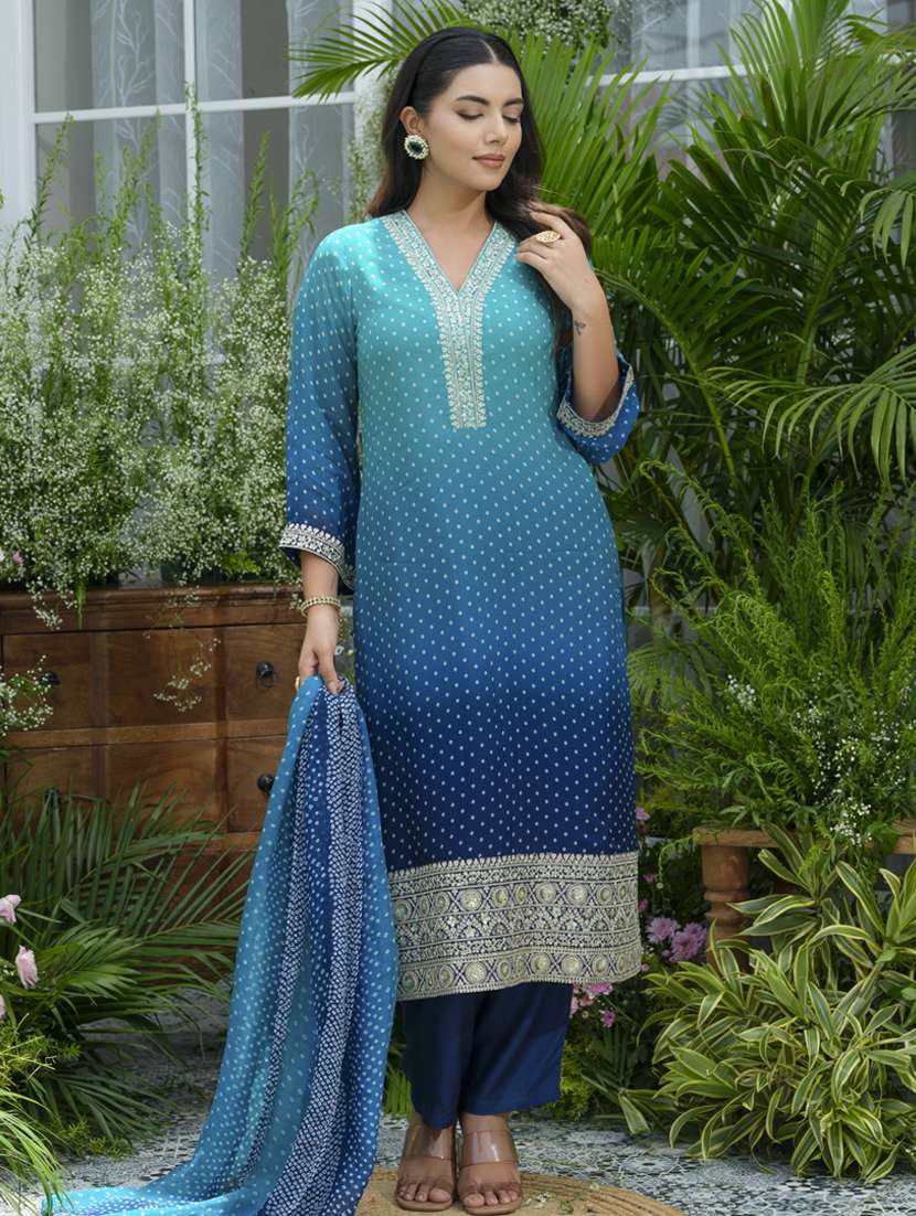 women bandhani long sleeve kurta pant with dupatta set - 22141644 - Standard Image - 2