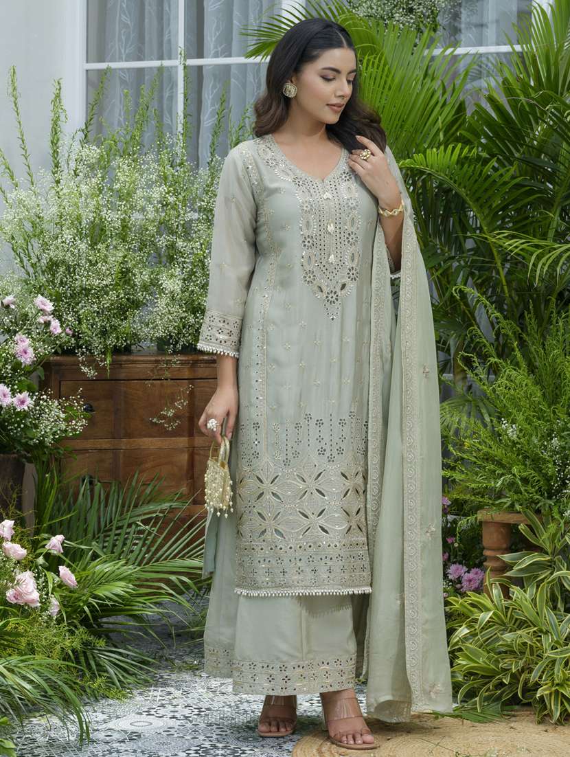 women embroidered long sleeve kurta palazzo with dupatta set - 22141646 - Standard Image - 2