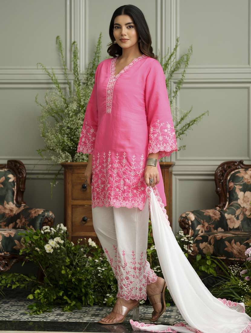 women embroidered three quarter sleeve kurta pant with dupatta set - 22141656 - Standard Image - 2