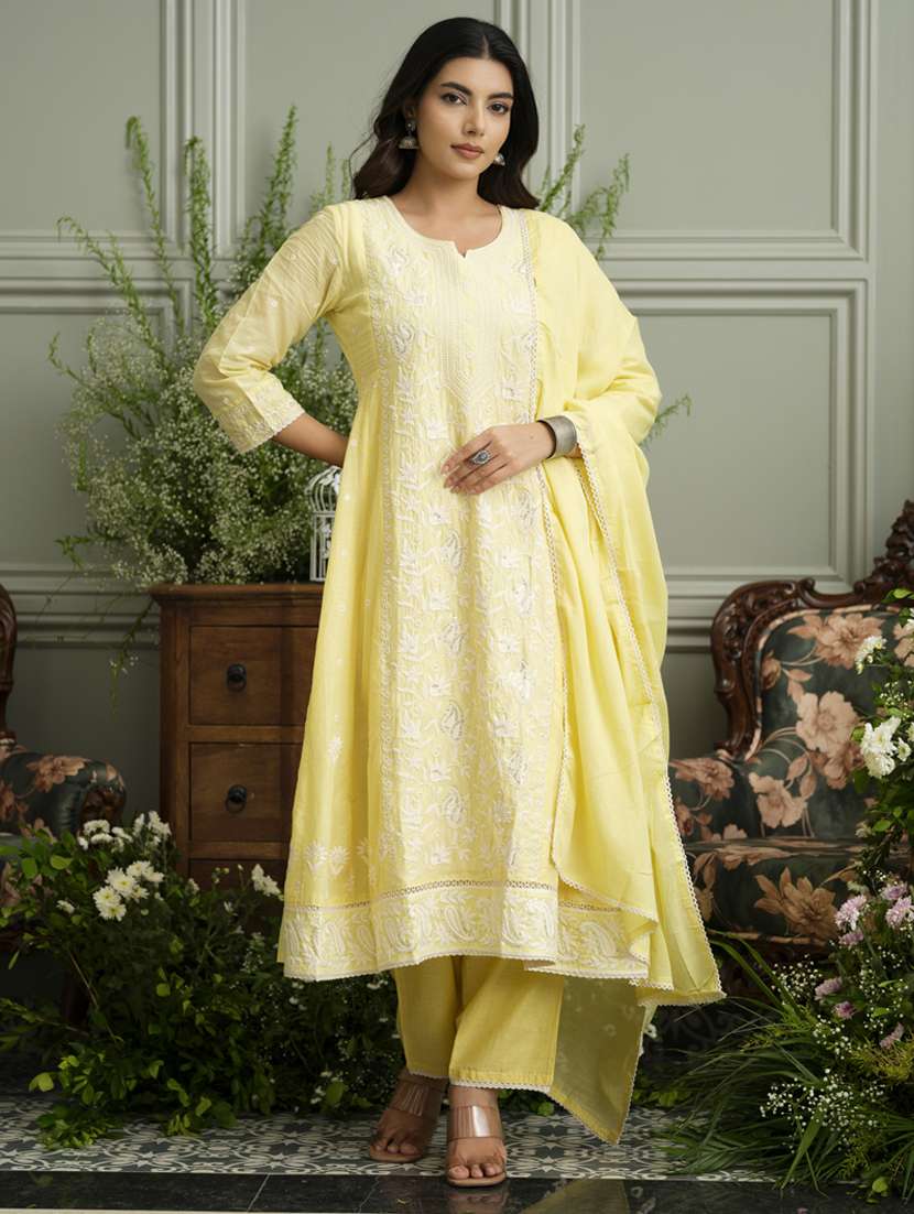 women solid with work three quarter sleeve kurta pant with dupatta set - 22141657 -  Standard Image - 2