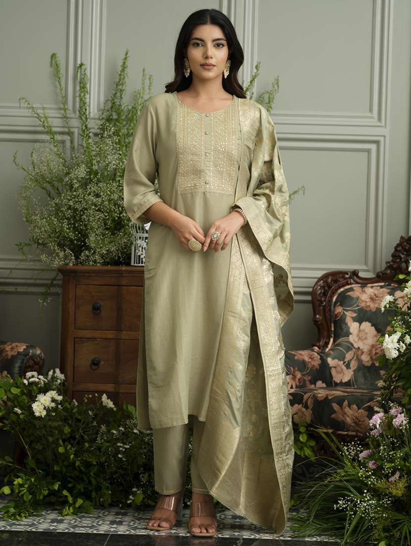 women embroidered three quarter sleeve kurta pant with dupatta set