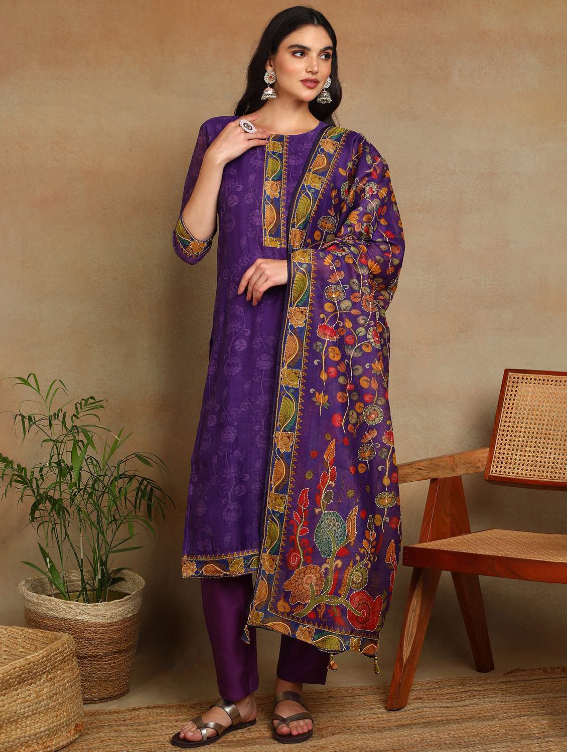 women floral three quarter sleeve kurta pant with dupatta set - 22141663 - Standard Image - 2