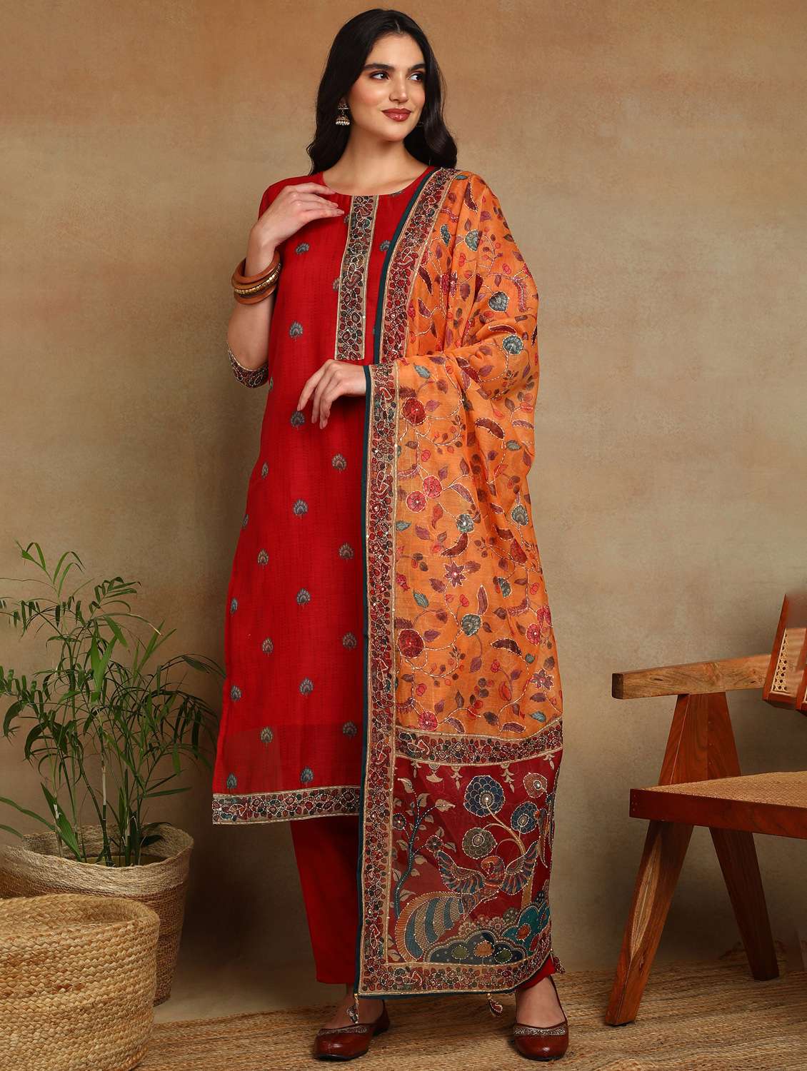 women printed three quarter sleeve kurta pant with dupatta set - 22141673 - Standard Image - 2