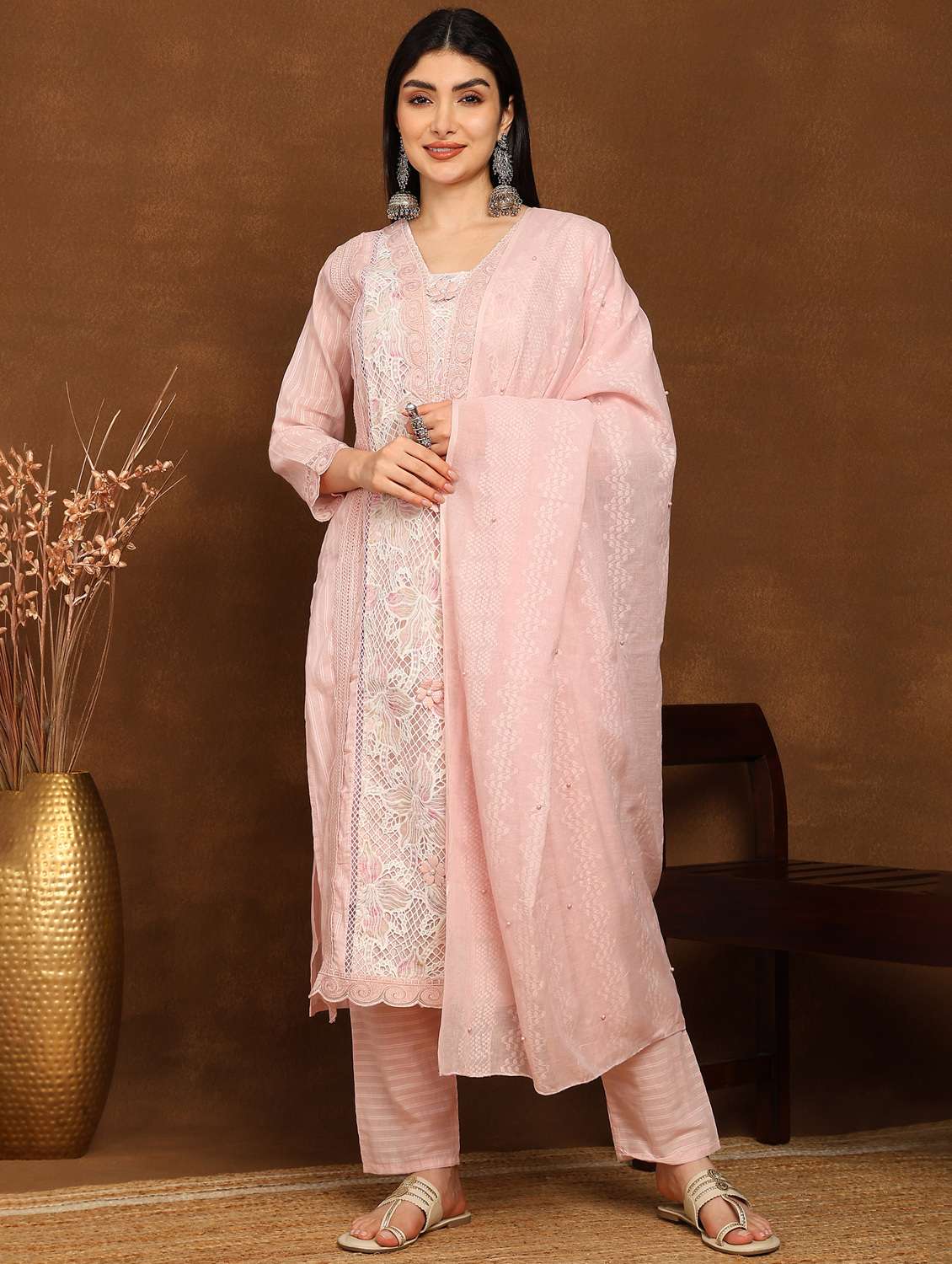 women embroidered three quarter sleeve kurta pant with dupatta set - 22141676 - Standard Image - 2