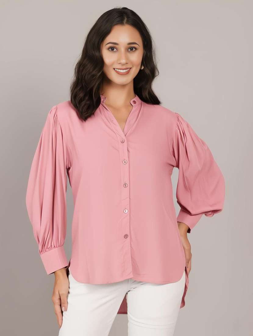 women solid puff sleeve high low shirt