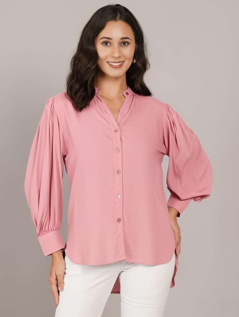 women solid puff sleeve high low shirt